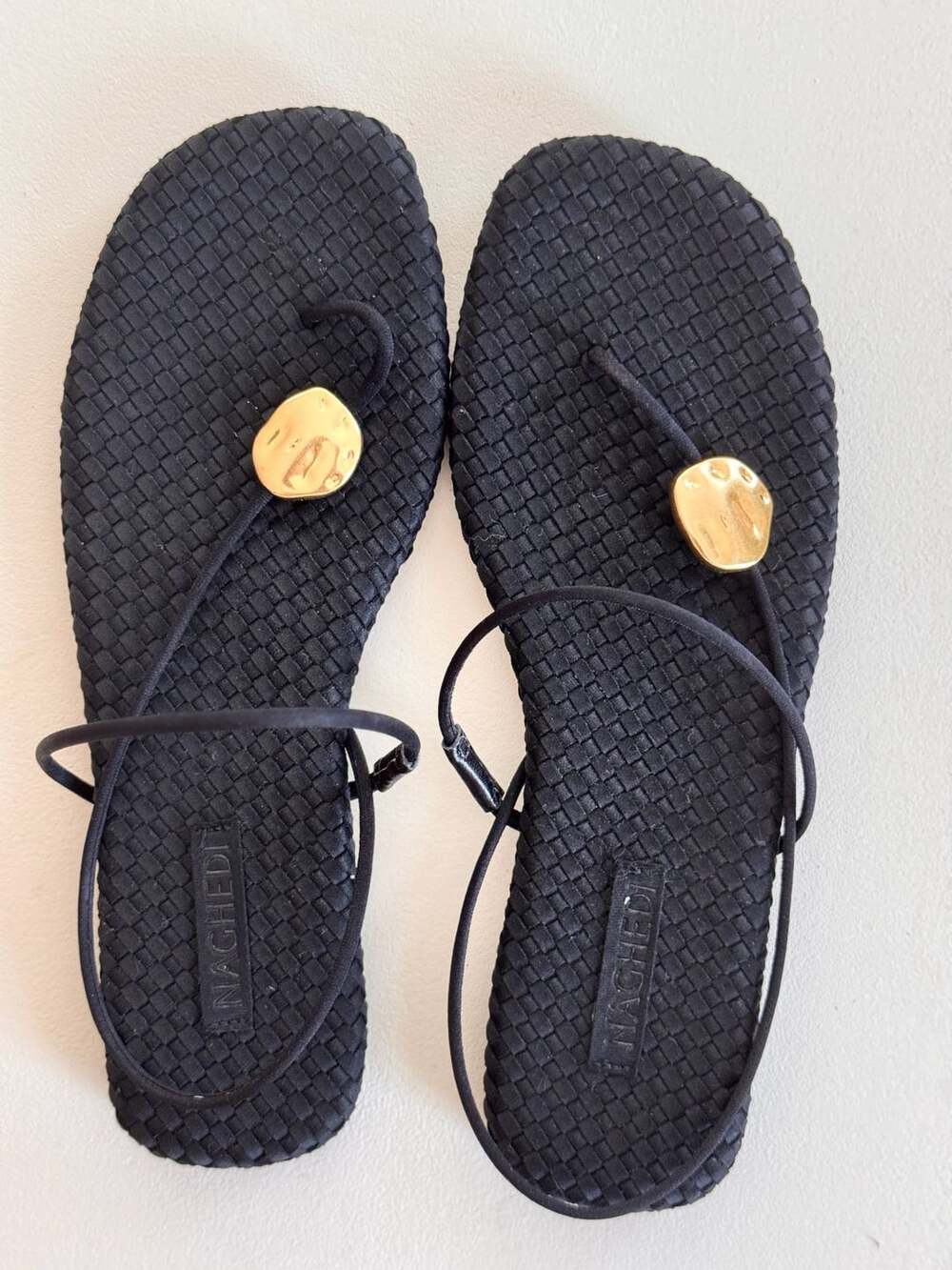 Naghedi Gaia Sandal 38 Black Woven Thong Ankle Strap Gold Accents